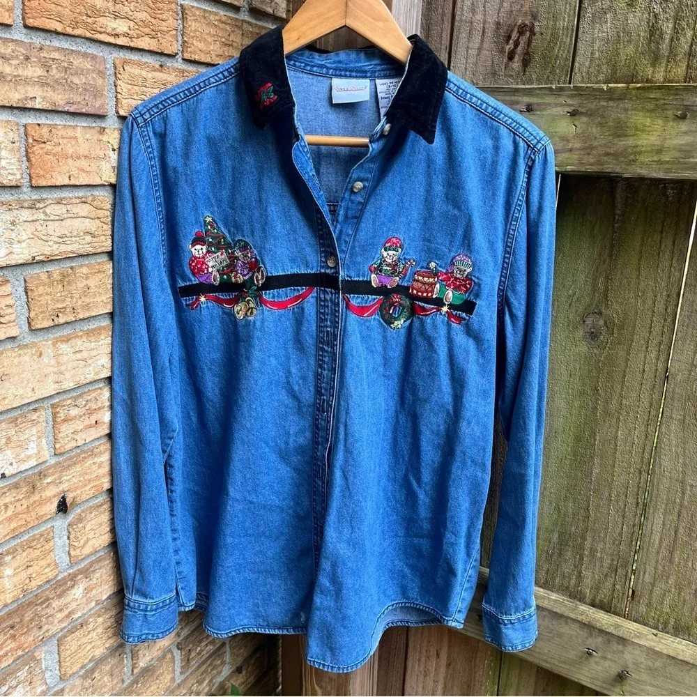 Vintage Bobbie Brooks Blue Denim Shirt with Festive Bear Embroidery - Picture 1 of 5